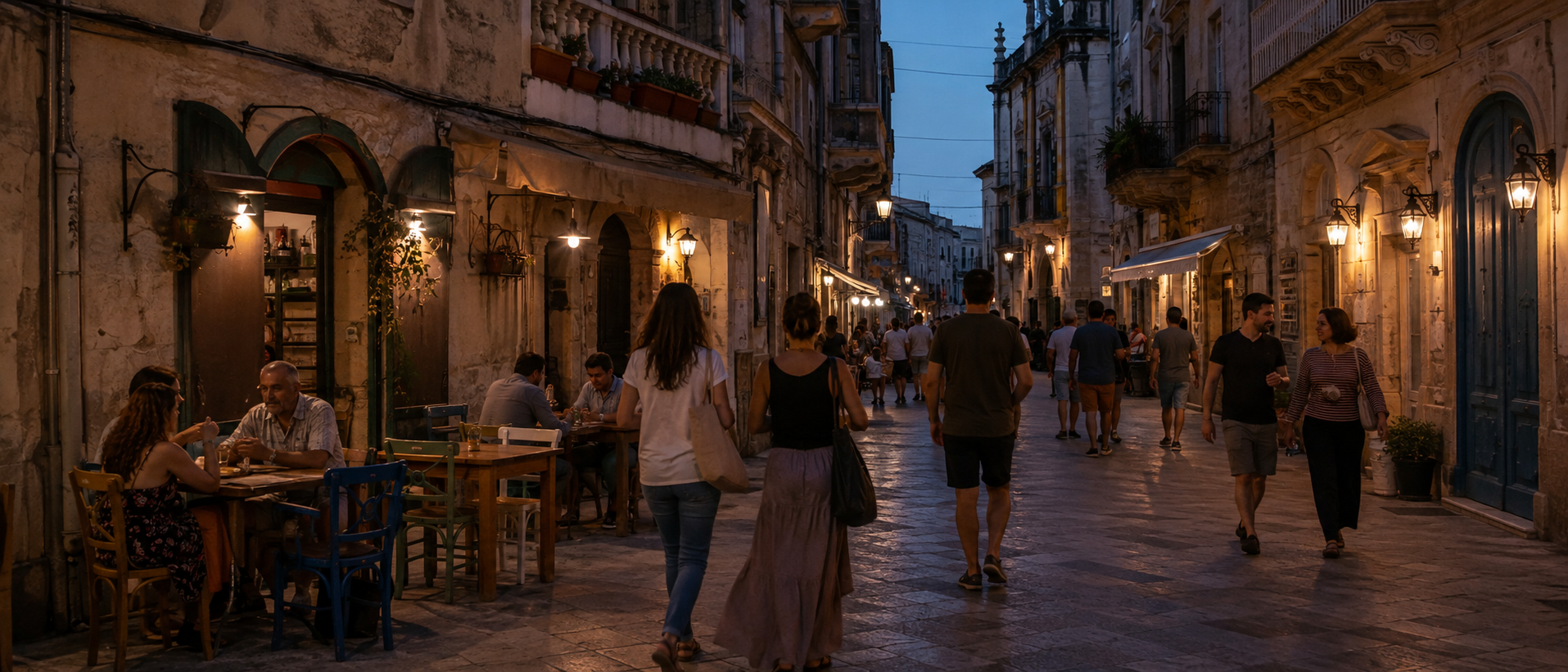 An old town street at blue hour, cafés lit along the cobblestones