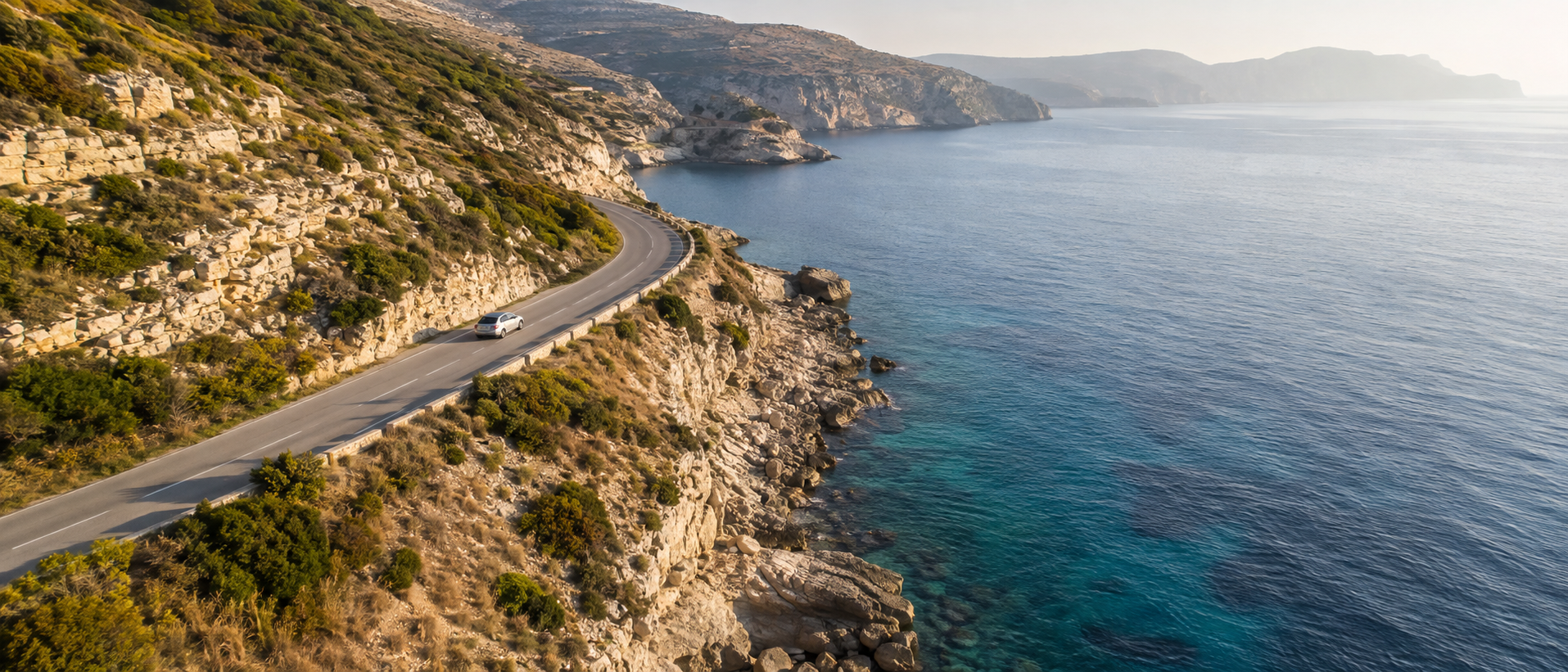 A coastal road curving above turquoise water