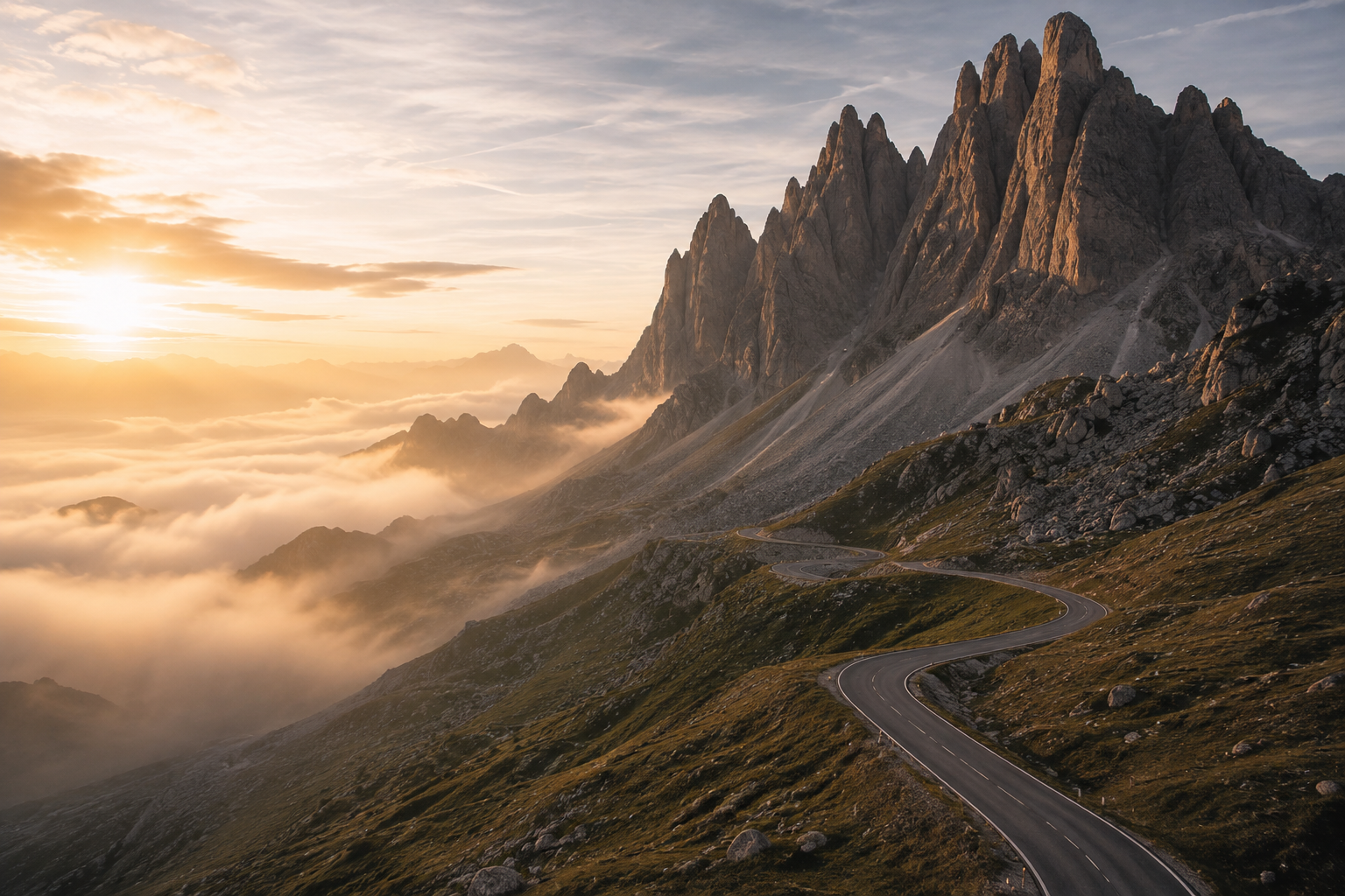 Mist rolling over a mountain pass at sunrise